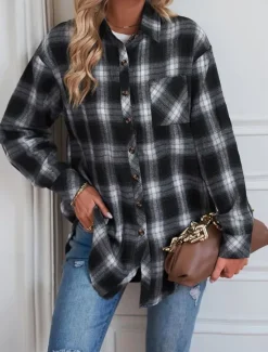 Women's Shirt Jacket Shacket Warm Breathable Buttons Pocket Print Casual Plaid Vacation Street Daily Wear Going out Single Breasted Regular Turndown Regular Fit Long Sleeve Outerwear Black Red Green Women Jackets
