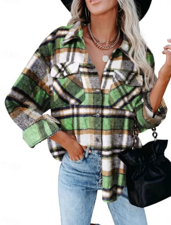 Sale Women's Shirt Jacket Shacket Warm Breathable Buttons Pocket Print Casual Plaid Vacation Street Daily Wear Going out Single Breasted Regular Turndown Regular Fit Long Sleeve Outerwear Pink Green Khaki Women Jackets
