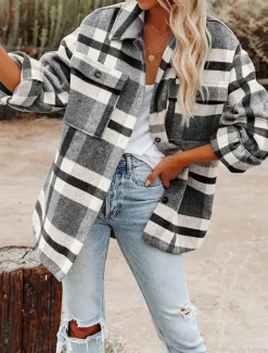 Outlet Women's Shirt Jacket Shacket Warm Breathable Buttons Pocket Print Casual Plaid Vacation Street Daily Wear Going out Single Breasted Regular Turndown Regular Fit Long Sleeve Outerwear Black Khaki Women Jackets|Coats & Trench Coats