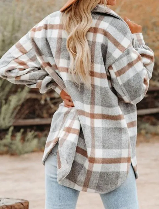 Outlet Women's Shirt Jacket Shacket Warm Breathable Buttons Pocket Print Casual Plaid Vacation Street Daily Wear Going out Single Breasted Regular Turndown Regular Fit Long Sleeve Outerwear Black Khaki Women Jackets|Coats & Trench Coats