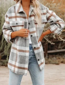 Outlet Women's Shirt Jacket Shacket Warm Breathable Buttons Pocket Print Casual Plaid Vacation Street Daily Wear Going out Single Breasted Regular Turndown Regular Fit Long Sleeve Outerwear Black Khaki Women Jackets|Coats & Trench Coats