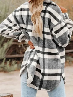 Outlet Women's Shirt Jacket Shacket Warm Breathable Buttons Pocket Print Casual Plaid Vacation Street Daily Wear Going out Single Breasted Regular Turndown Regular Fit Long Sleeve Outerwear Black Khaki Women Jackets|Coats & Trench Coats