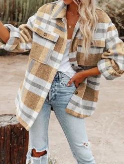 Outlet Women's Shirt Jacket Shacket Warm Breathable Buttons Pocket Print Casual Plaid Vacation Street Daily Wear Going out Single Breasted Regular Turndown Regular Fit Long Sleeve Outerwear Black Khaki Women Jackets|Coats & Trench Coats