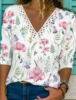 Sale Women's Shirt Lace Shirt Blouse Fashion Floral Lace Print Long Sleeve Regular Tops V Neck Casual Holiday Pink Blue Light Blue Spring & Fall Women Lace Tops