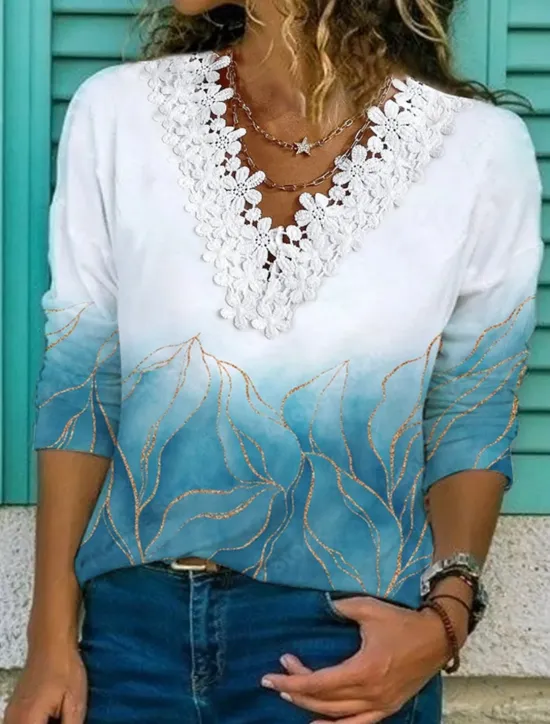Sale Women's Shirt Lace Shirt Blouse Fashion Floral Lace Print Long Sleeve Regular Tops V Neck Casual Holiday Pink Blue Light Blue Spring & Fall Women Lace Tops