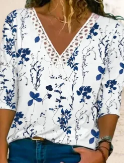 Sale Women's Shirt Lace Shirt Blouse Fashion Floral Lace Print Long Sleeve Regular Tops V Neck Casual Holiday Pink Blue Light Blue Spring & Fall Women Lace Tops
