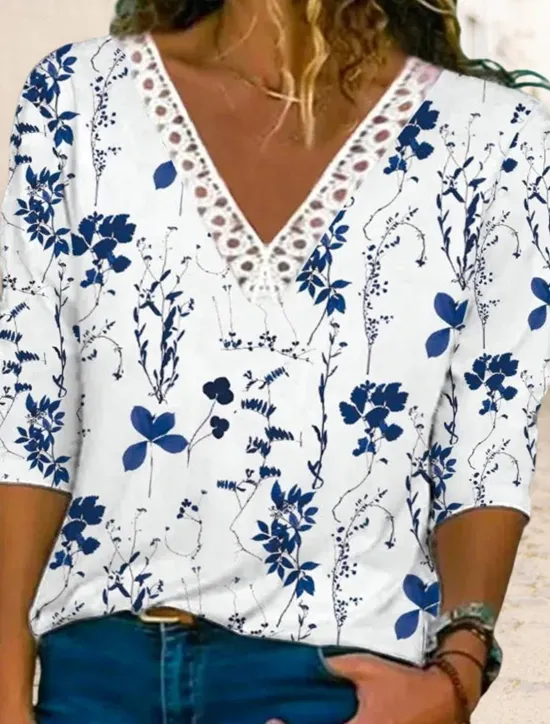 Sale Women's Shirt Lace Shirt Blouse Fashion Floral Lace Print Long Sleeve Regular Tops V Neck Casual Holiday Pink Blue Light Blue Spring & Fall Women Lace Tops