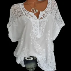 Online Women's Shirt Lace Shirt Blouse Eyelet top Chiffon Streetwear Basic Casual Embroidered Short Sleeve Regular Tops V Neck Daily Going out Weekend Black White Red Blue Green Summer Spring Women Lace Tops