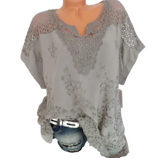 Online Women's Shirt Lace Shirt Blouse Eyelet top Chiffon Streetwear Basic Casual Embroidered Short Sleeve Regular Tops V Neck Daily Going out Weekend Black White Red Blue Green Summer Spring Women Lace Tops