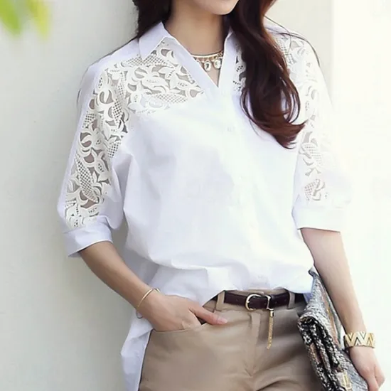 Hot Women's Shirt Lace Shirt Blouse Eyelet top Plain Streetwear Casual 3/4 Length Sleeve Shirt Collar Regular Tops Office Work Business Lace Patchwork Women Lace Tops