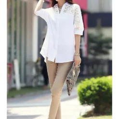 Hot Women's Shirt Lace Shirt Blouse Eyelet top Plain Streetwear Casual 3/4 Length Sleeve Shirt Collar Regular Tops Office Work Business Lace Patchwork Women Lace Tops