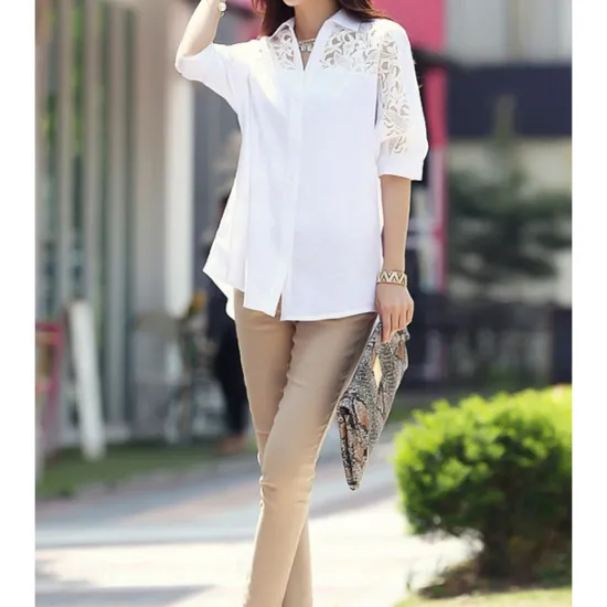 Hot Women's Shirt Lace Shirt Blouse Eyelet top Plain Streetwear Casual 3/4 Length Sleeve Shirt Collar Regular Tops Office Work Business Lace Patchwork Women Lace Tops