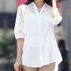 Hot Women's Shirt Lace Shirt Blouse Eyelet top Plain Streetwear Casual 3/4 Length Sleeve Shirt Collar Regular Tops Office Work Business Lace Patchwork Women Lace Tops
