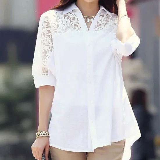 Hot Women's Shirt Lace Shirt Blouse Eyelet top Plain Streetwear Casual 3/4 Length Sleeve Shirt Collar Regular Tops Office Work Business Lace Patchwork Women Lace Tops
