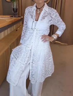 Outlet Women's Shirt Lace Shirt Blouse Plain Modern Casual Long Sleeve Shirt Collar Long Tops Daily Holiday Going out Lace Summer Women Lace Tops