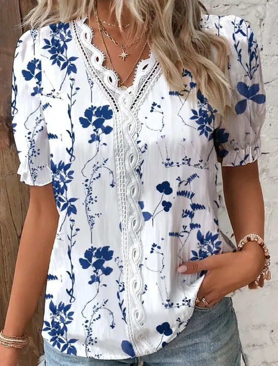 Online Women's Shirt Lace Shirt Blouse Stylish Modern Floral Lace Patchwork Print Short Sleeve Regular Tops V Neck Daily Navy Blue Blue Sky Blue Orange Summer Spring Women Blouses & Shirts