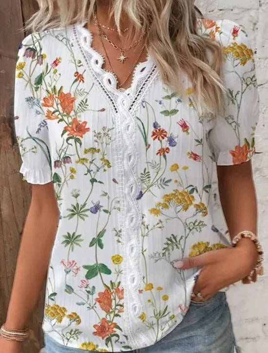 Online Women's Shirt Lace Shirt Blouse Stylish Modern Floral Lace Patchwork Print Short Sleeve Regular Tops V Neck Daily Navy Blue Blue Sky Blue Orange Summer Spring Women Blouses & Shirts