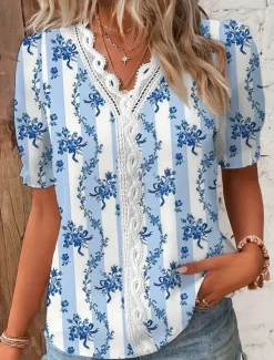 Online Women's Shirt Lace Shirt Blouse Stylish Modern Floral Lace Patchwork Print Short Sleeve Regular Tops V Neck Daily Navy Blue Blue Sky Blue Orange Summer Spring Women Blouses & Shirts