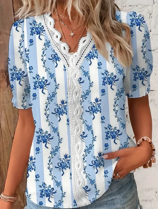 Online Women's Shirt Lace Shirt Blouse Stylish Modern Floral Lace Patchwork Print Short Sleeve Regular Tops V Neck Daily Navy Blue Blue Sky Blue Orange Summer Spring Women Blouses & Shirts