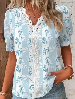Online Women's Shirt Lace Shirt Blouse Stylish Modern Floral Lace Patchwork Print Short Sleeve Regular Tops V Neck Daily Navy Blue Blue Sky Blue Orange Summer Spring Women Blouses & Shirts