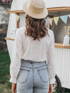 Best Women's Shirt Lace Shirt Blouse Eyelet top Elegant Vintage Fashion Lace Patchwork Buttons Long Sleeve Regular Tops Daily Weekend Spring Fall Women Lace Tops