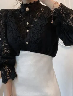 Sale Women's Shirt Lace Shirt Going Out Tops Blouse Elegant Vintage Fashion Lace up Long Sleeve Regular Tops Party Club Black White Apricot Spring Fall Women Lace Tops
