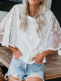 Clearance Women's Shirt Lace Shirt Lace Splicing Top Blouse Solid Color Elegant Stylish Casual Half Sleeve Flutter Sleeve Crew Neck Regular Tops Wedding Guest Daily Holiday Lace Lace Trim White Pink Blue Khaki Women Lace Tops