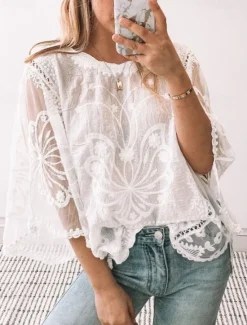 Clearance Women's Shirt Lace Shirt Lace Splicing Top Blouse Solid Color Elegant Stylish Casual Half Sleeve Flutter Sleeve Crew Neck Regular Tops Wedding Guest Daily Holiday Lace Lace Trim White Pink Blue Khaki Women Lace Tops