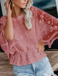 Clearance Women's Shirt Lace Shirt Lace Splicing Top Blouse Solid Color Elegant Stylish Casual Half Sleeve Flutter Sleeve Crew Neck Regular Tops Wedding Guest Daily Holiday Lace Lace Trim White Pink Blue Khaki Women Lace Tops