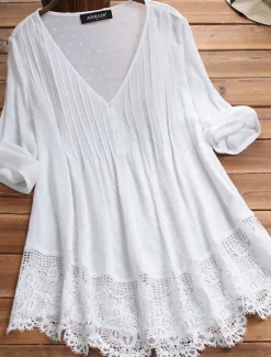 Outlet Women's Shirt Lace Shirt Linen-Inspired Shirts Blouse Pure Color Basic Casual 3/4 Length Sleeve V Neck Regular Tops Daily Lace Buttons White Pink Green Dark Blue Summer Spring Fall Women Shirts