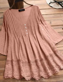 Outlet Women's Shirt Lace Shirt Linen-Inspired Shirts Blouse Pure Color Basic Casual 3/4 Length Sleeve V Neck Regular Tops Daily Lace Buttons White Pink Green Dark Blue Summer Spring Fall Women Shirts