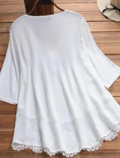 Outlet Women's Shirt Lace Shirt Linen-Inspired Shirts Blouse Pure Color Basic Casual 3/4 Length Sleeve V Neck Regular Tops Daily Lace Buttons White Pink Green Dark Blue Summer Spring Fall Women Shirts