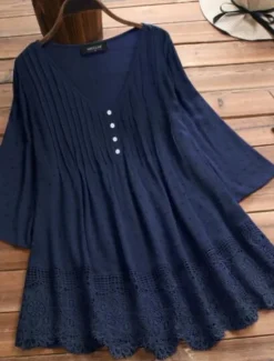 Outlet Women's Shirt Lace Shirt Linen-Inspired Shirts Blouse Pure Color Basic Casual 3/4 Length Sleeve V Neck Regular Tops Daily Lace Buttons White Pink Green Dark Blue Summer Spring Fall Women Shirts
