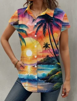 Hot Women's Shirt Leaf Tree Hawaiian Tropical Beach Short Sleeve Shirt Collar Regular Tops Buttons Print Summer Women Spring Tops