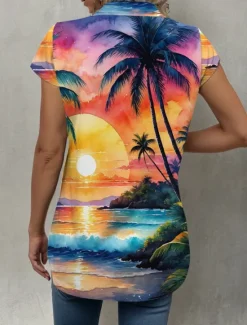 Hot Women's Shirt Leaf Tree Hawaiian Tropical Beach Short Sleeve Shirt Collar Regular Tops Buttons Print Summer Women Spring Tops