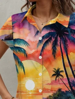 Hot Women's Shirt Leaf Tree Hawaiian Tropical Beach Short Sleeve Shirt Collar Regular Tops Buttons Print Summer Women Spring Tops