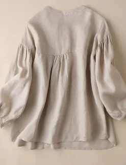 Women's Shirt Linen Shirt Blouse Long Cotton Top Solid Color Fashion Round Neck Street Daily Buttons Khaki Beige Spring & Fall Women Shirts