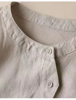 Women's Shirt Linen Shirt Blouse Long Cotton Top Solid Color Fashion Round Neck Street Daily Buttons Khaki Beige Spring & Fall Women Shirts
