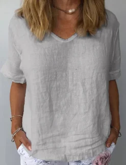 New Women's Shirt Linen Shirt Cotton Linen Shirts Plain Daily Stylish Basic Short Sleeve V Neck Regular Tops Work Daily Holiday White Blue Gray Summer Women Shirts