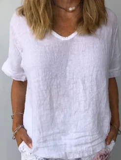 New Women's Shirt Linen Shirt Cotton Linen Shirts Plain Daily Stylish Basic Short Sleeve V Neck Regular Tops Work Daily Holiday White Blue Gray Summer Women Shirts