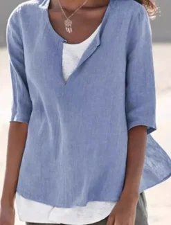 Discount Women's Shirt Linen Shirt Cotton Linen Shirts Plain Daily Stylish Basic 3/4 Length Sleeve V Neck Regular Tops Work Daily Holiday Black White Blue Spring Fall Women Shirts