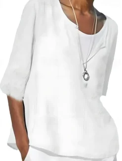 Discount Women's Shirt Linen Shirt Cotton Linen Shirts Plain Daily Stylish Basic 3/4 Length Sleeve V Neck Regular Tops Work Daily Holiday Black White Blue Spring Fall Women Shirts