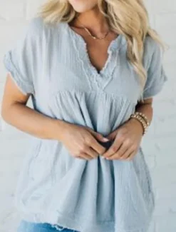 Online Women's Shirt Linen Shirt Cotton Linen Shirts Plain Daily Stylish Basic Short Sleeve V Neck Regular Tops Work Daily Holiday Black Army Green Summer Women Shirts