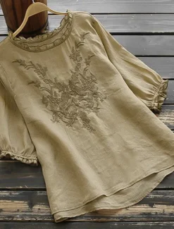 Women's Shirt Linen Shirt Blouse Cotton Linen Shirts Solid Color Fashion Round Neck Street Daily Embroidered White Yellow Red Green Khaki Summer Women Shirts