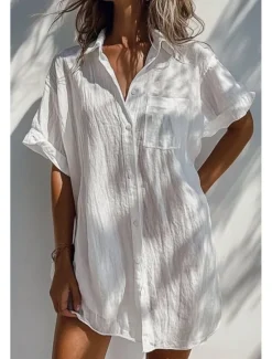 Women's Shirt Linen-Inspired Shirts Button Up Blouse Plain Basic Casual Short Sleeve Shirt Collar Long Tops Daily Holiday Buttons Pocket White Orange Green Apricot Light Blue Summer Women Shirts
