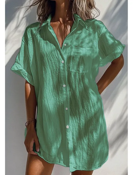 Women's Shirt Linen-Inspired Shirts Button Up Blouse Plain Basic Casual Short Sleeve Shirt Collar Long Tops Daily Holiday Buttons Pocket White Orange Green Apricot Light Blue Summer Women Shirts