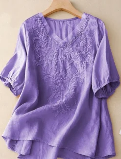 Women's Shirt Linen-Inspired Shirts Solid Color Floral Casual Boho 3/4 Length Sleeve Elbow Sleeve V Neck Regular Tops Vacation Party Daily Embroidered Autumn / Fall Spring & Summer Women Shirts