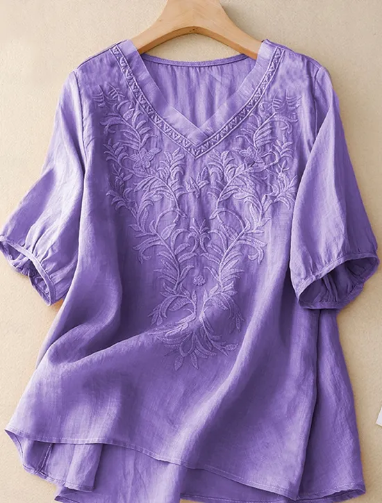 Women's Shirt Linen-Inspired Shirts Solid Color Floral Casual Boho 3/4 Length Sleeve Elbow Sleeve V Neck Regular Tops Vacation Party Daily Embroidered Autumn / Fall Spring & Summer Women Shirts