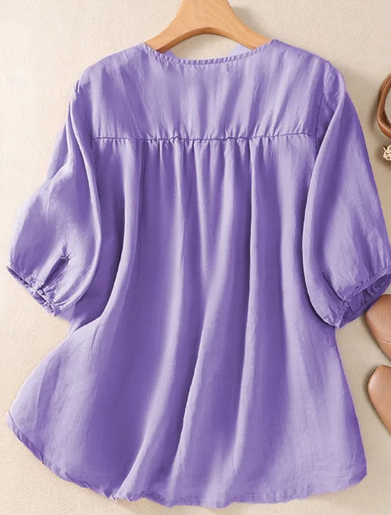 Women's Shirt Linen-Inspired Shirts Solid Color Floral Casual Boho 3/4 Length Sleeve Elbow Sleeve V Neck Regular Tops Vacation Party Daily Embroidered Autumn / Fall Spring & Summer Women Shirts