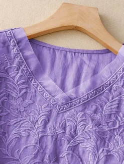 Women's Shirt Linen-Inspired Shirts Solid Color Floral Casual Boho 3/4 Length Sleeve Elbow Sleeve V Neck Regular Tops Vacation Party Daily Embroidered Autumn / Fall Spring & Summer Women Shirts